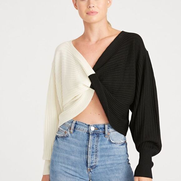 AMUR Cruz Twist Sweater - Black & Cream Off Shoulder 100% Merino Wool NWT Medium - Picture 3 of 7